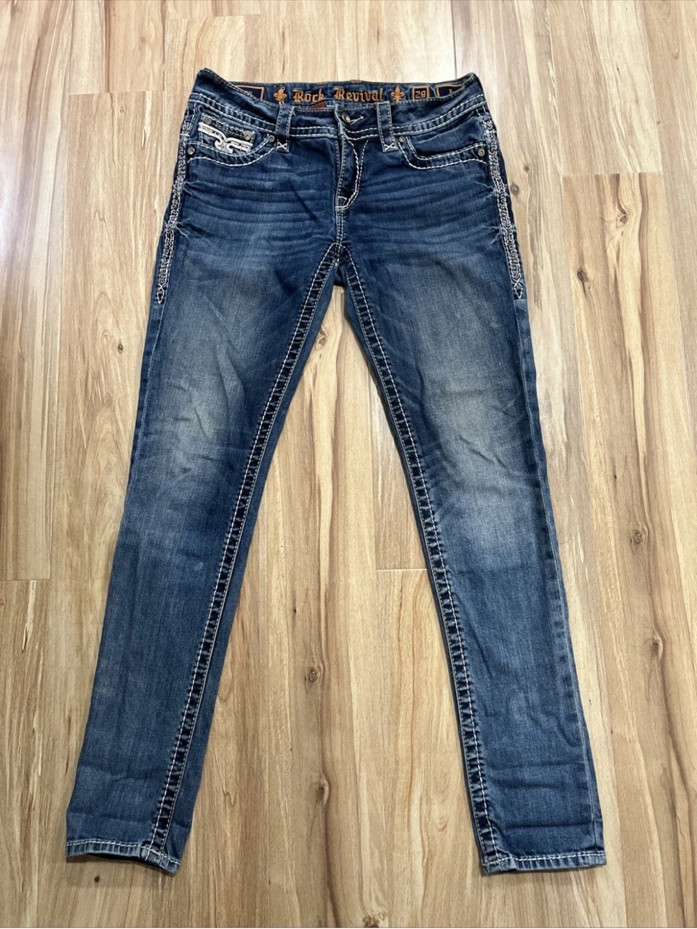 Rock Revival Women’s Medium Wash Skinny Jeans with Embroidered Pockets